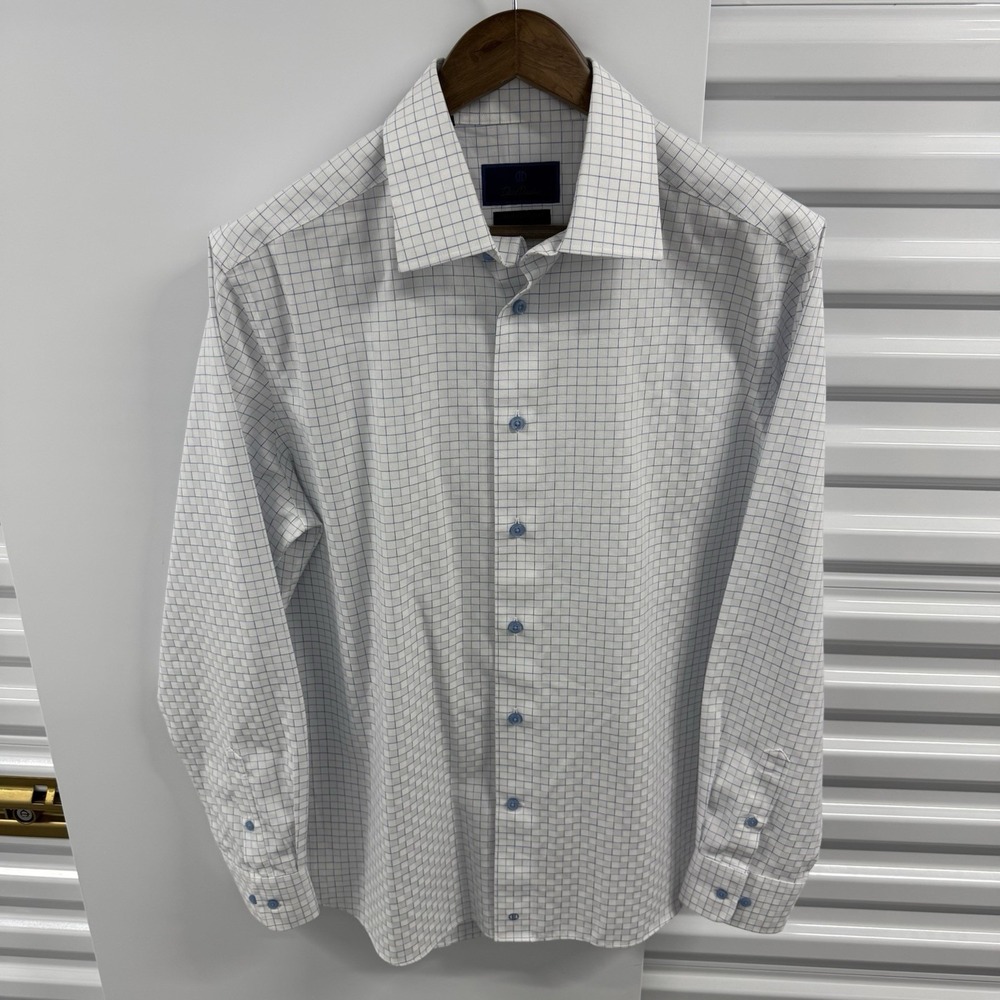 David Donahue 16.5 34/35 Trim Fit Non Iron Blue Check Dress Shirt Cotton